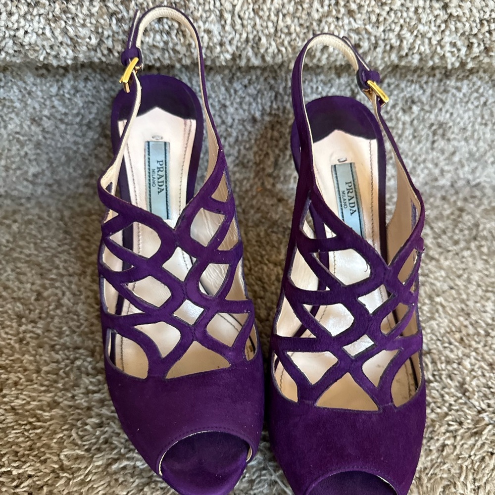 Prada Women’s Purple Suede Lattice Slingback Platform High Heel Sandals - Picture 6 of 12